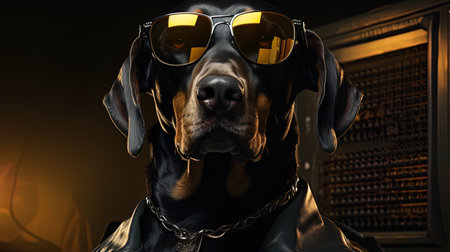 Portrait of a black dog wearing sunglasses and a leather jacket.の素材