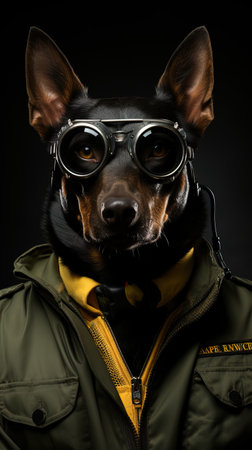 Portrait of a dog in a aviator's helmet on a black backgroundの素材