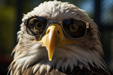 Close-up of a bald eagle wearing sunglasses and looking at the cameraの素材
