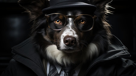 Portrait of a dog in a hat with glasses and a jacketの素材