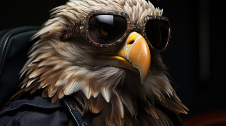 Bald Eagle in a leather jacket with sunglasses on a black backgroundの素材