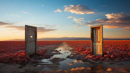 Door in the desert at sunset, horizontalの素材
