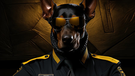 Close-up portrait of a dog in a police uniform and sunglassesの素材