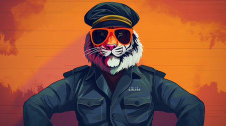 Tiger wearing a motorcycle helmet and sunglasses on an orange background.の素材