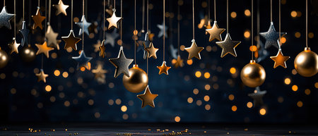 Christmas baubles and stars hanging on a dark background.の素材