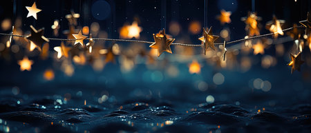 Christmas background with golden stars and garland lights.の素材