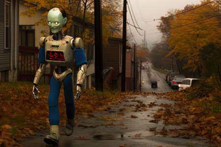 A shot of an old robot walking in the middle of the street.の素材