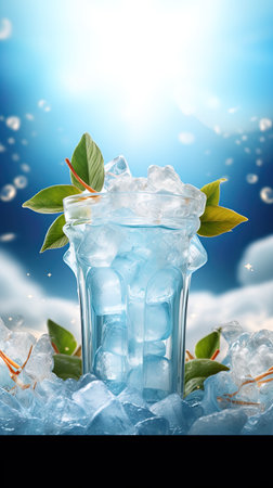 Ice cubes with green leaves on a blue background with bokehの素材