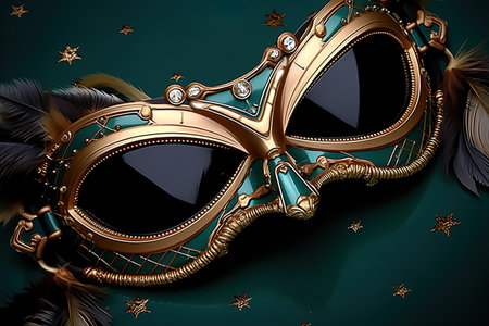 3d illustration of gold carnival mask with feathers on green backgroundの素材