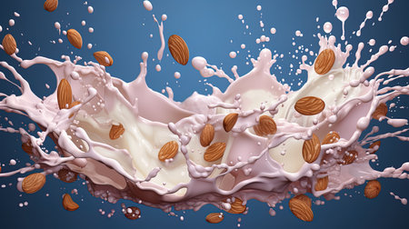 Milk splash with almonds, Computer digital drawing.の素材