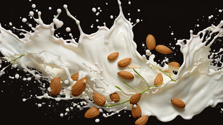 Milk splash with almonds on a black background.の素材