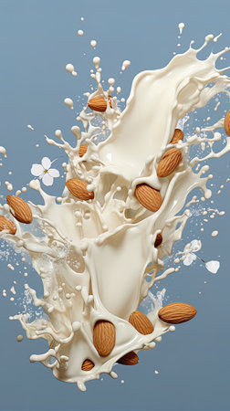 Splash of milk with almonds on a blue background.の素材