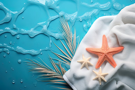 White towel, starfish and palm leaf on blue background with water dropsの素材