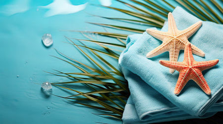 Starfish and towel on a blue background with palm leaves and water dropsの素材