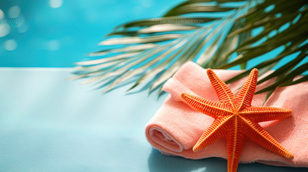 Close up of towel and starfish with palm leaf on blue backgroundの素材