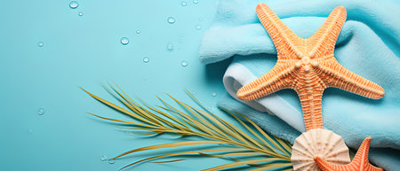 Flat lay composition with starfish, towel and palm leaf on color backgroundの素材