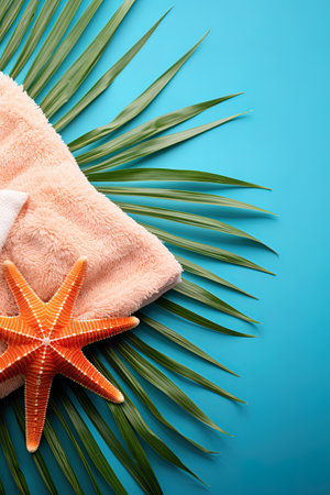 Orange towel with starfish and palm leaf on blue background, top viewの素材
