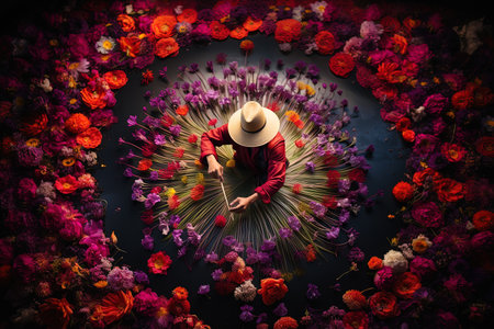 Top view of woman in hat surrounded by colorful flowers. Mixed mediaの素材