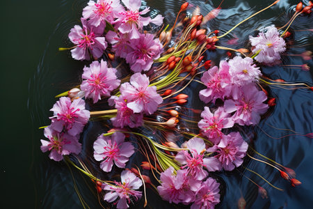 Cherry blossoms in a pond, closeup of photo.の素材