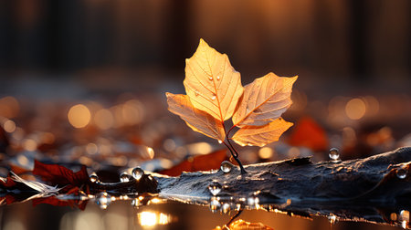 Autumn leaves with water drops in the sunlight on a dark backgroundの素材