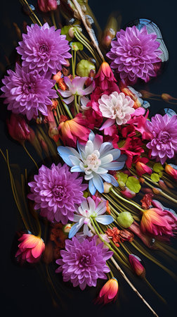 Beautiful flowers on the black background. Colorful dahlias.の素材