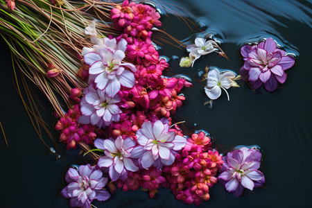 Beautiful flowers floating in the water. Floral background. Selective focus.の素材