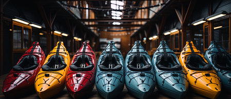 Fishing boats in the harbor. Row of colorful kayaks on the water at sunset. Sport and recreation concept.の素材