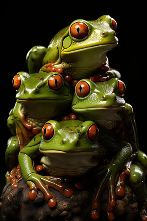 Red eyed tree frog. Group of red-eyed tree frogs on pile isolated on black background.の素材
