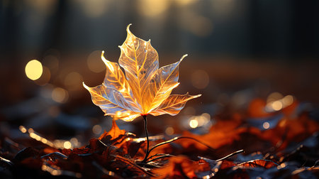 Maple leaf in the forest at sunset. Beautiful autumn background.の素材