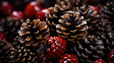 Pine cones and red berries as a Christmas background. Selective focus.の素材