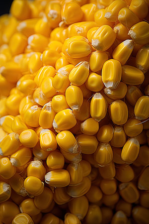 closeup of a pile of yellow corn seeds on a black backgroundの素材