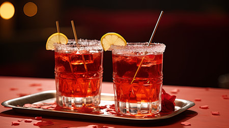 Two glasses of red cocktail with ice cubes and lemon on a trayの素材