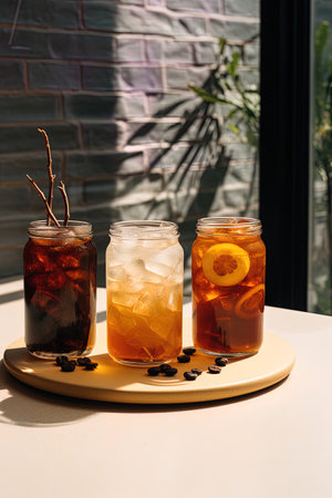 Two glasses of iced tea with lemon and ice cubes on tableの素材