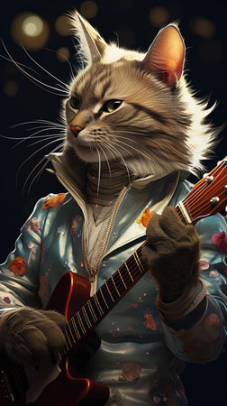 The cat plays the electric guitar. A cat in a costume of a rock musician.の素材