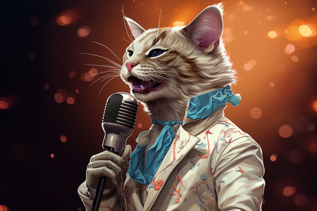 Portrait of a beautiful cat with a microphone in his hand.の素材