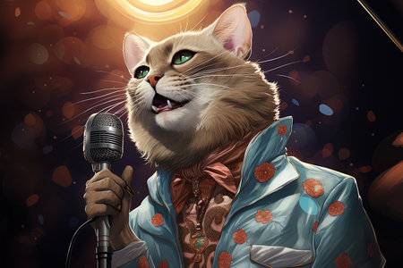 Cat singer with a microphone in his hand on a dark background.の素材