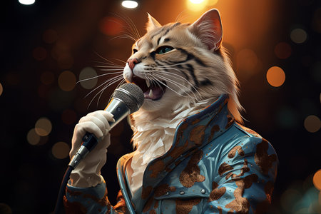 Portrait of a cat in a blue suit with a microphone.の素材