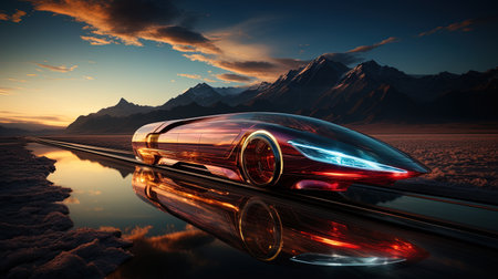 Futuristic car driving on the road in the mountains at sunsetの素材