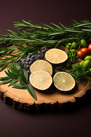 Lemons, olives and herbs on a wooden cutting boardの素材