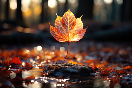 Autumn maple leaf on the rock in water with bokeh backgroundの素材