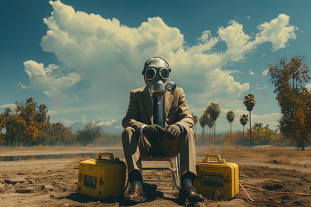 A man in a gas mask sits on the ground with a suitcase.の素材