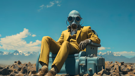 A man in a gas mask and a yellow suit sits on a suitcase. 3d rendering.の素材