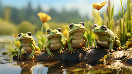 Frogs sitting on a rock in a lake with yellow flowersの素材