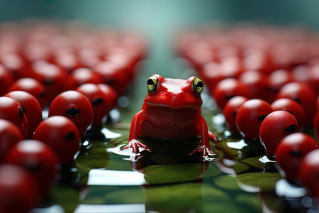 Red frog and red ladybugs on green background. 3d renderingの素材