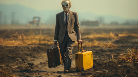 Portrait of a senior businessman standing in the field with a suitcaseの素材