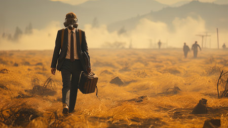 A man with a briefcase walks through the field at sunset.の素材