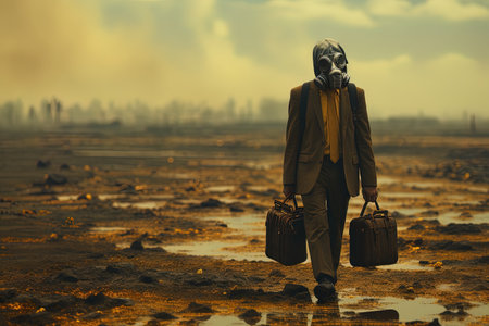Businessman walking in the desert with a gas mask on his faceの素材