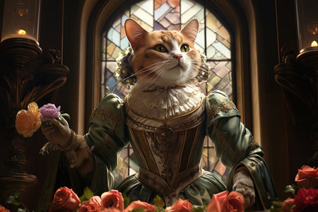 Cat in medieval costume sitting in front of a window in a churchの素材
