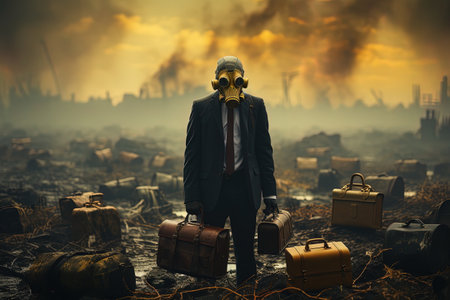 Businessman in gas mask and suit with briefcase standing in ruinsの素材