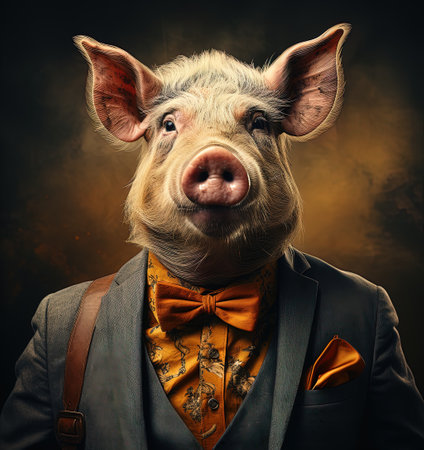 Pig wearing glasses. Portrait of a pig wearing a bow tie and glasses on a black backgroundの素材